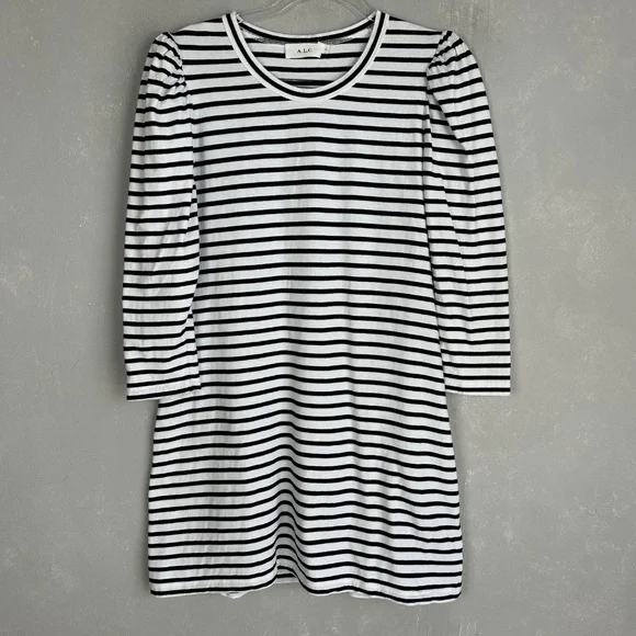 A.L.C size L Kidman mini shirt dress black white stripe 3/4 puff sleeve cotton - Picture 2 of 12